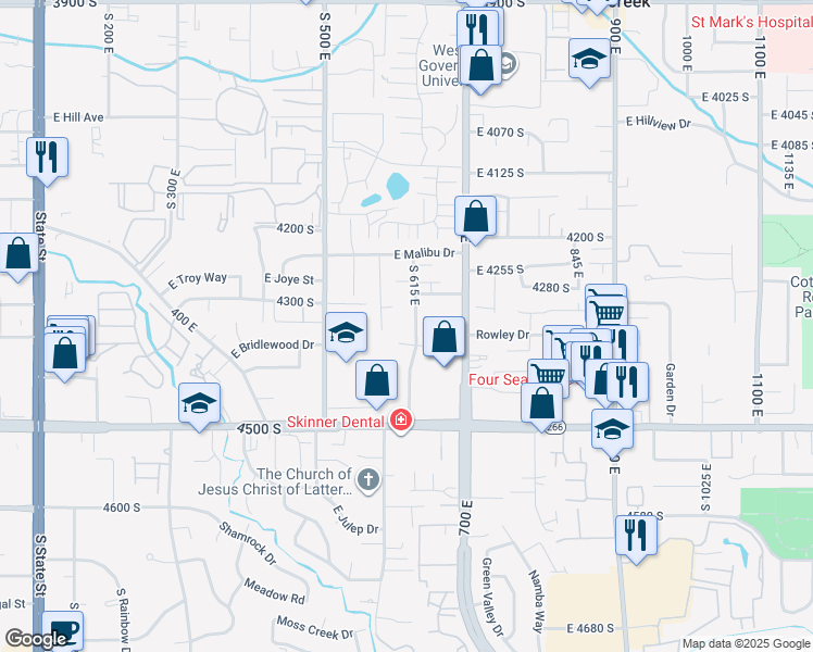map of restaurants, bars, coffee shops, grocery stores, and more near 4336 South 615 East in Millcreek