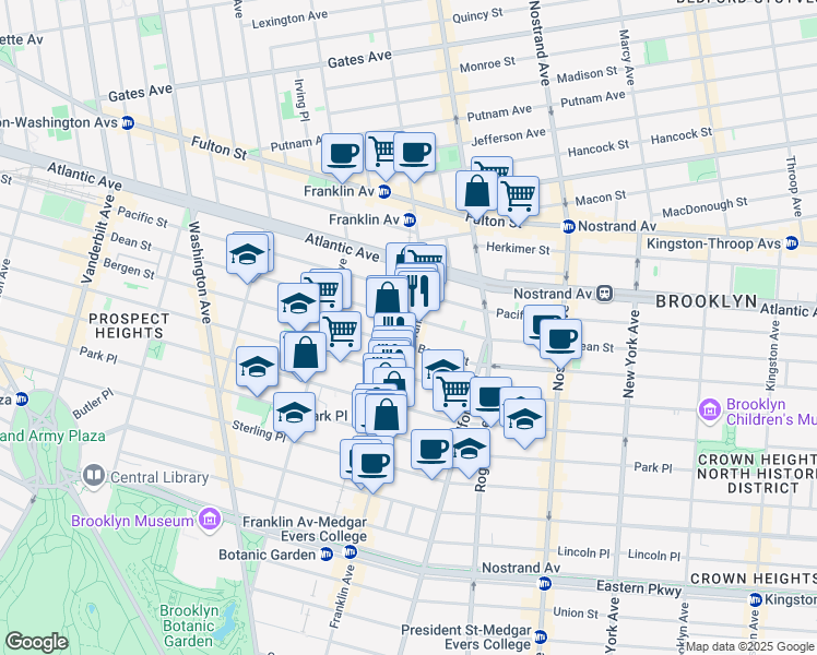 map of restaurants, bars, coffee shops, grocery stores, and more near 614 Franklin Avenue in Brooklyn