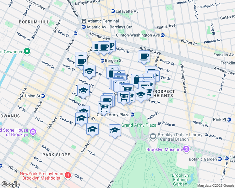 map of restaurants, bars, coffee shops, grocery stores, and more near 164 Park Place in Brooklyn