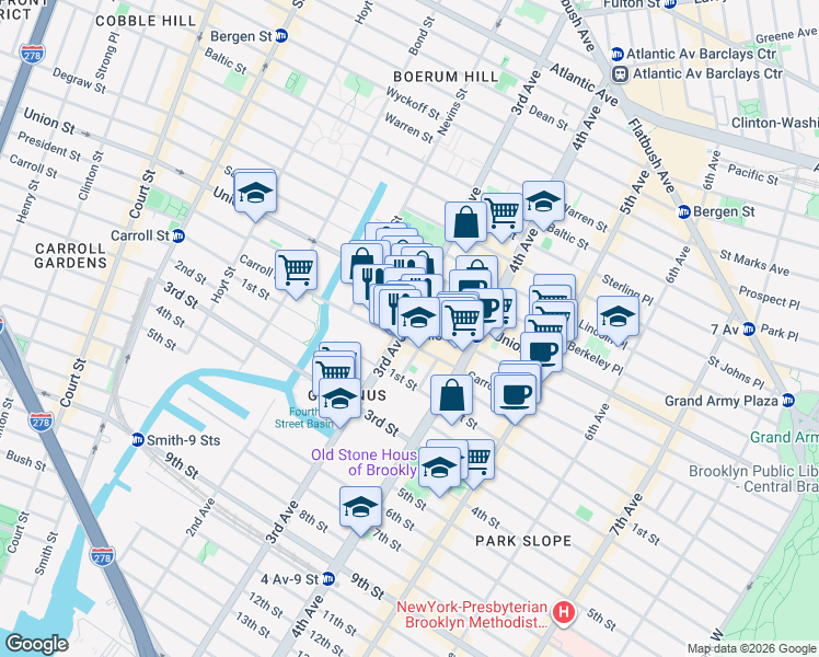 map of restaurants, bars, coffee shops, grocery stores, and more near 279 3rd Avenue in Brooklyn
