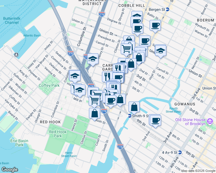 map of restaurants, bars, coffee shops, grocery stores, and more near 142 Luquer Street in Brooklyn
