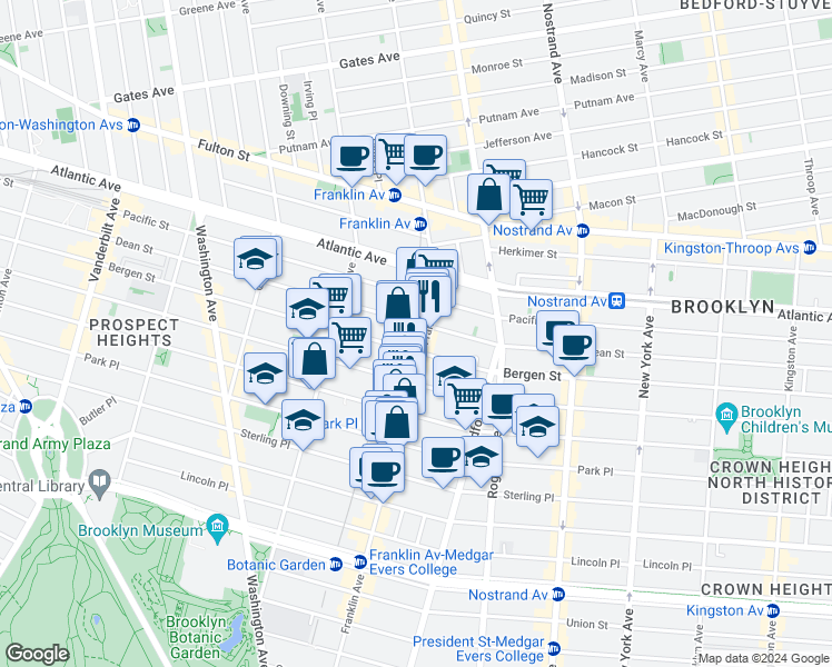 map of restaurants, bars, coffee shops, grocery stores, and more near 614 Franklin Avenue in Brooklyn