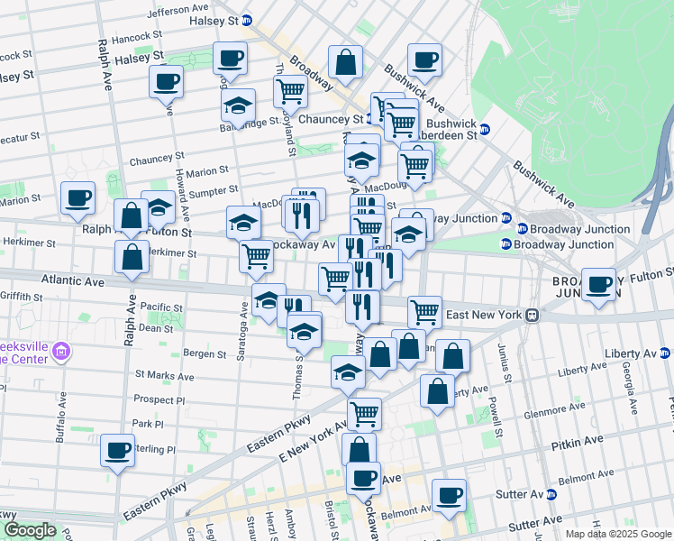 map of restaurants, bars, coffee shops, grocery stores, and more near 19 Marconi Place in Brooklyn