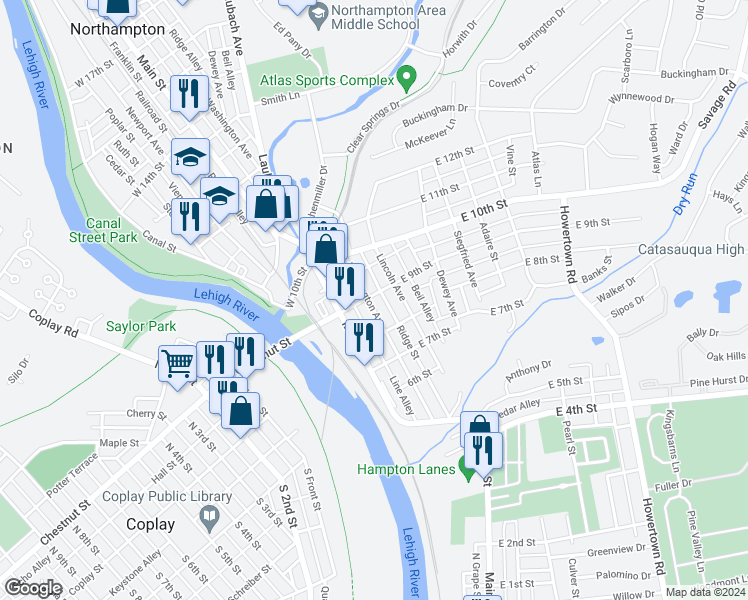 map of restaurants, bars, coffee shops, grocery stores, and more near 849 Washington Avenue in Northampton