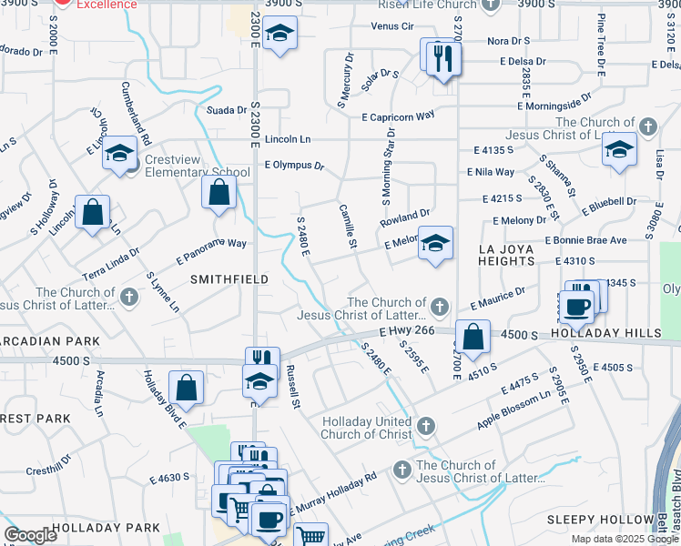 map of restaurants, bars, coffee shops, grocery stores, and more near 2483 East 4340 South in Holladay