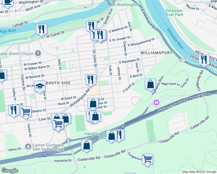 map of restaurants, bars, coffee shops, grocery stores, and more near 114 West Milton Street in Easton