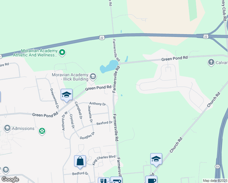 map of restaurants, bars, coffee shops, grocery stores, and more near 3842 Farmersville Rd in Bethlehem