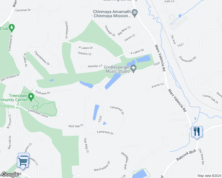 map of restaurants, bars, coffee shops, grocery stores, and more near 104 Lakeview Court in Mars