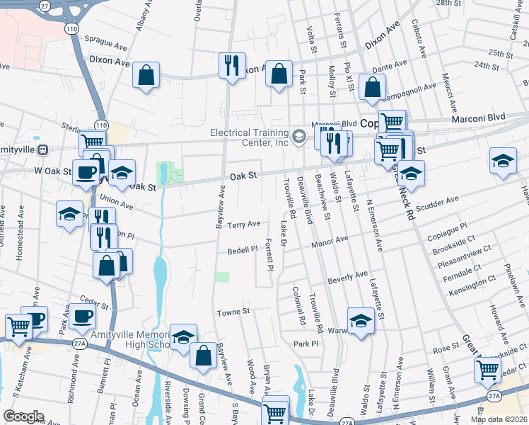 map of restaurants, bars, coffee shops, grocery stores, and more near 60 Terry Avenue in Amityville