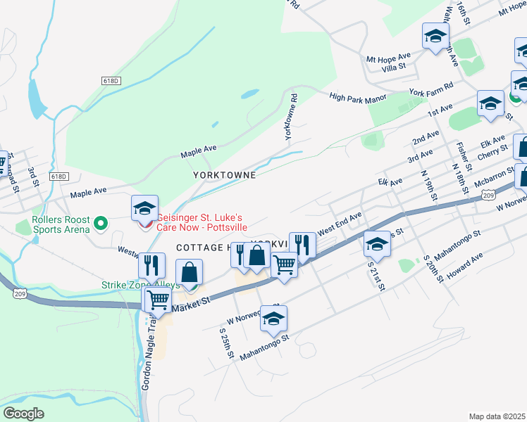 map of restaurants, bars, coffee shops, grocery stores, and more near 17 Cottage Hill East in Pottsville