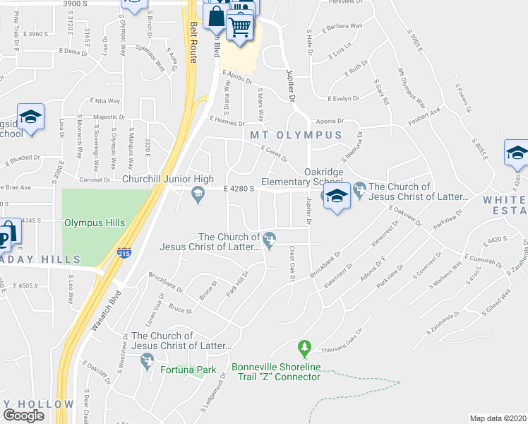map of restaurants, bars, coffee shops, grocery stores, and more near 4349 South Fortuna Way in Salt Lake City