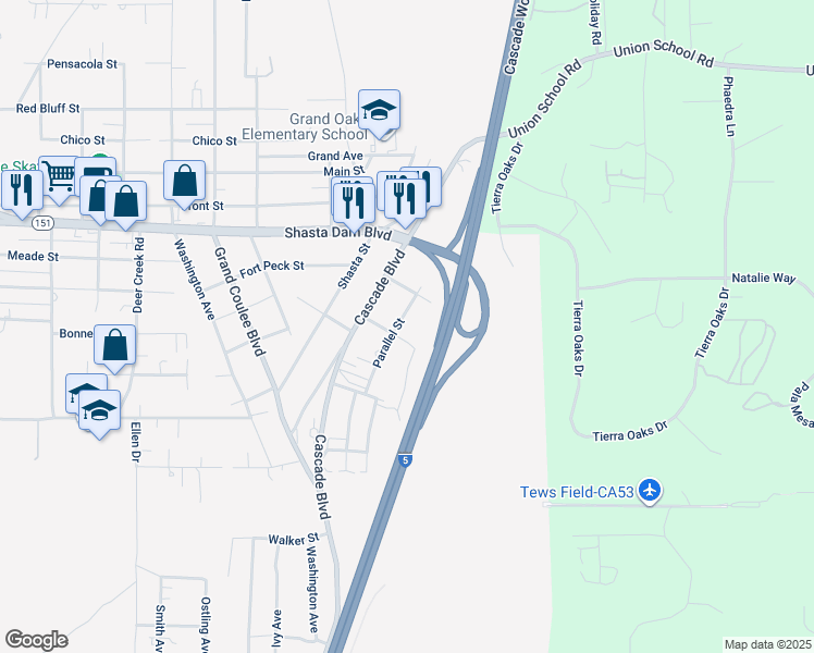 map of restaurants, bars, coffee shops, grocery stores, and more near 3rd Street in Shasta Lake