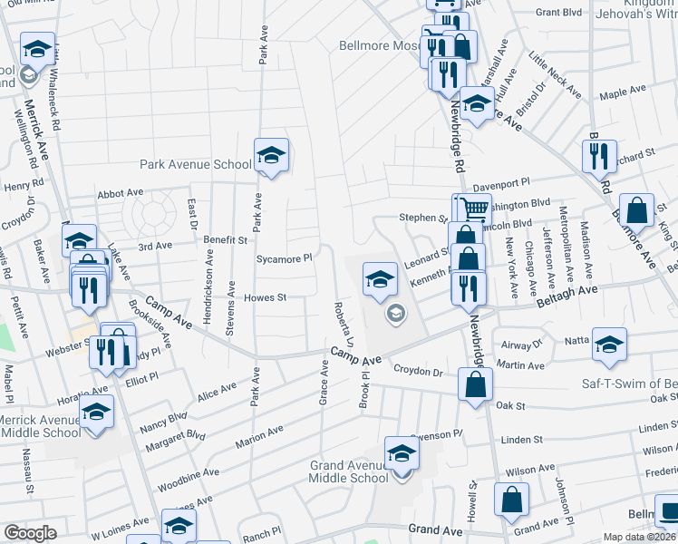 map of restaurants, bars, coffee shops, grocery stores, and more near 2343 Faye Court in Merrick