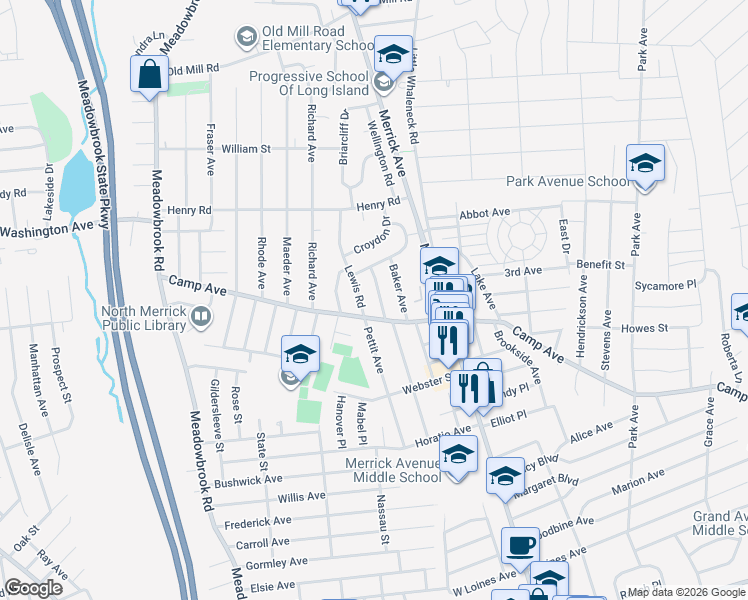 map of restaurants, bars, coffee shops, grocery stores, and more near 1947 Camp Avenue in Merrick