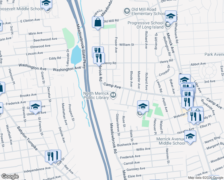 map of restaurants, bars, coffee shops, grocery stores, and more near 1704 Michael William Road in Merrick