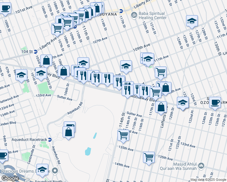 map of restaurants, bars, coffee shops, grocery stores, and more near 11220 Rockaway Boulevard in Queens