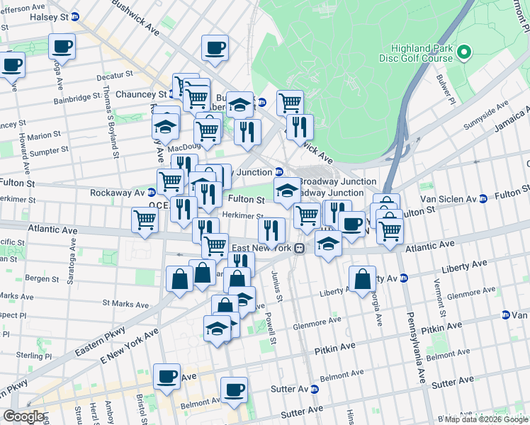 map of restaurants, bars, coffee shops, grocery stores, and more near 1466 Herkimer Street in Brooklyn