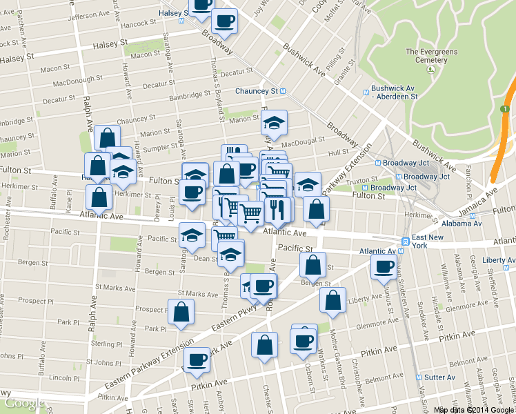 map of restaurants, bars, coffee shops, grocery stores, and more near 19 Marconi Place in Brooklyn