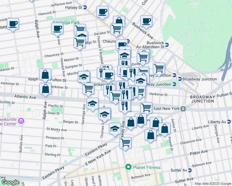 map of restaurants, bars, coffee shops, grocery stores, and more near 19 Marconi Place in Brooklyn