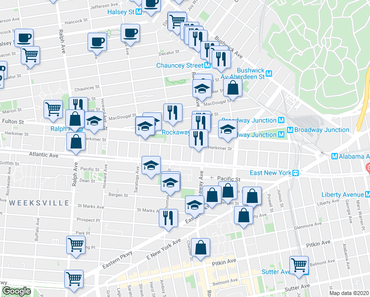 map of restaurants, bars, coffee shops, grocery stores, and more near 19 Marconi Place in Brooklyn