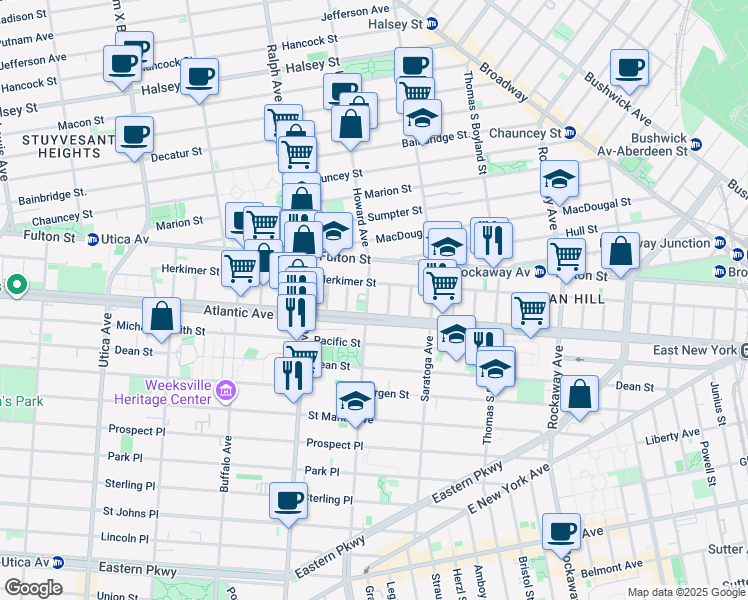 map of restaurants, bars, coffee shops, grocery stores, and more near 30 Dewey Place in Brooklyn