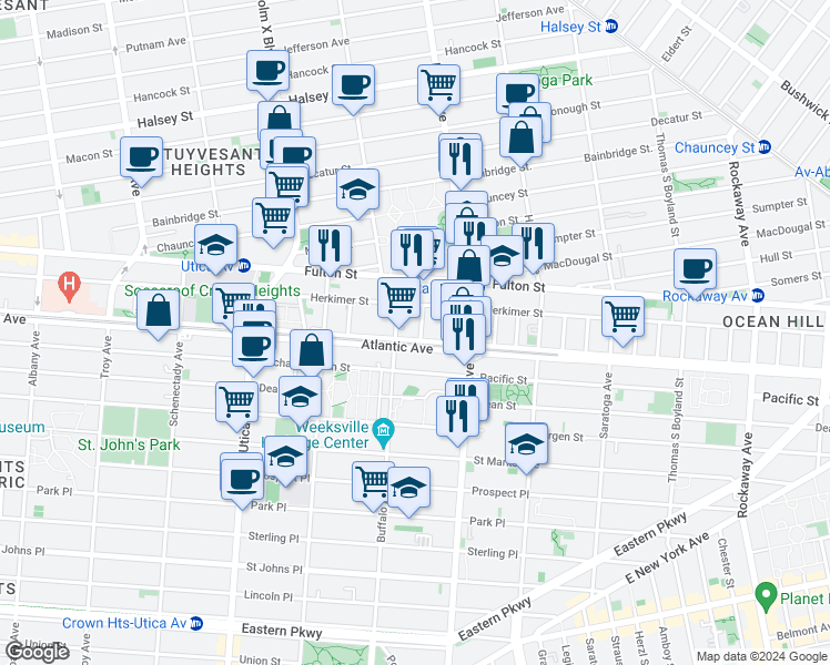 map of restaurants, bars, coffee shops, grocery stores, and more near 55 Buffalo Avenue in Brooklyn