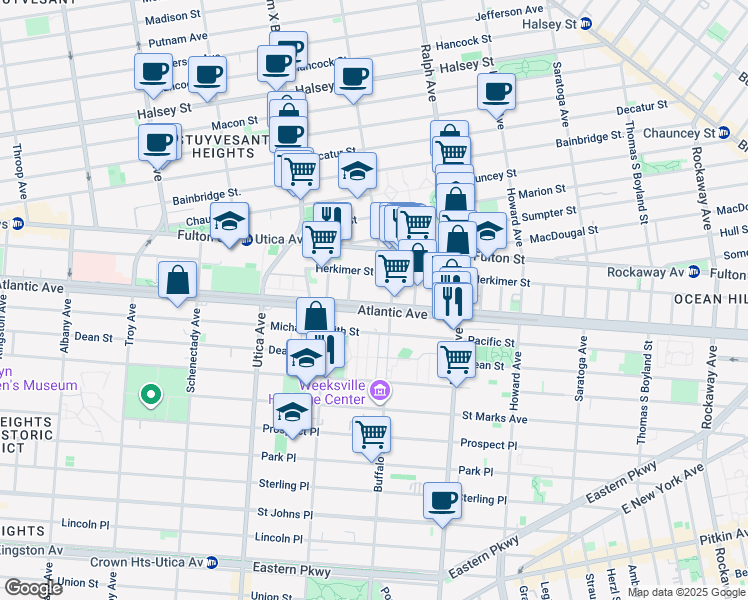 map of restaurants, bars, coffee shops, grocery stores, and more near 1908 Atlantic Avenue in Brooklyn