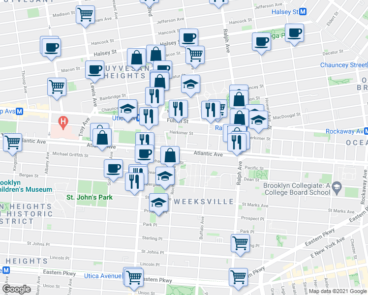 map of restaurants, bars, coffee shops, grocery stores, and more near 65 Rochester Avenue in Brooklyn