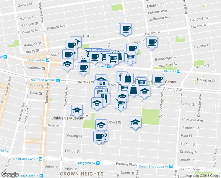 map of restaurants, bars, coffee shops, grocery stores, and more near 1474 Pacific Street in Brooklyn