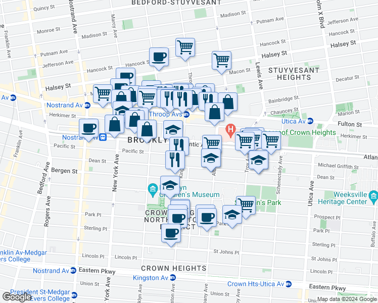 map of restaurants, bars, coffee shops, grocery stores, and more near 1474 Pacific Street in Brooklyn