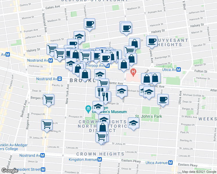 map of restaurants, bars, coffee shops, grocery stores, and more near 1474 Pacific Street in Brooklyn