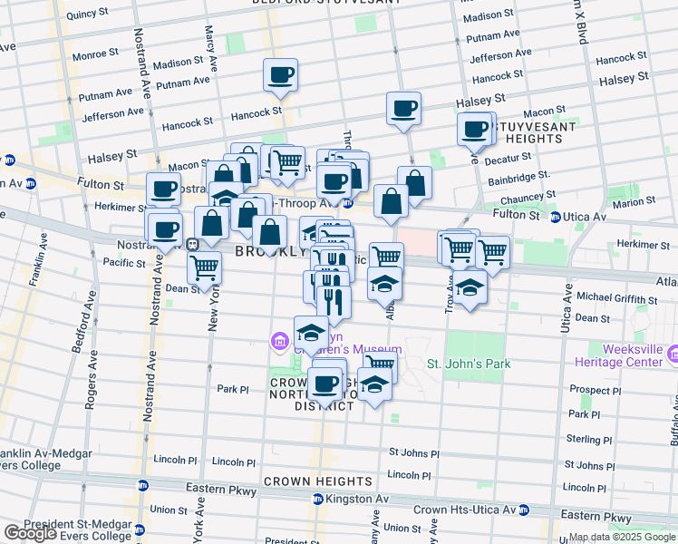 map of restaurants, bars, coffee shops, grocery stores, and more near 1474 Pacific Street in Brooklyn