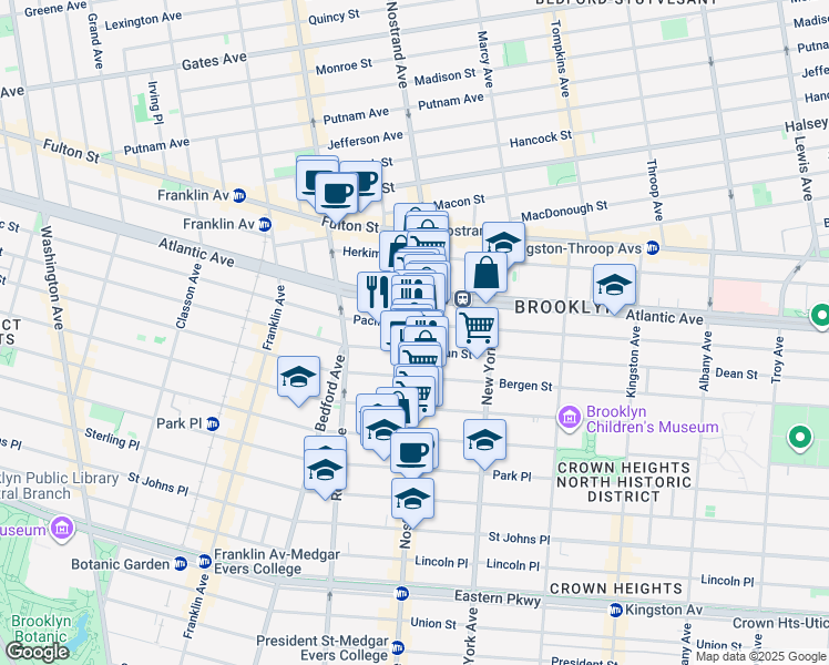 map of restaurants, bars, coffee shops, grocery stores, and more near 628 Nostrand Avenue in Brooklyn