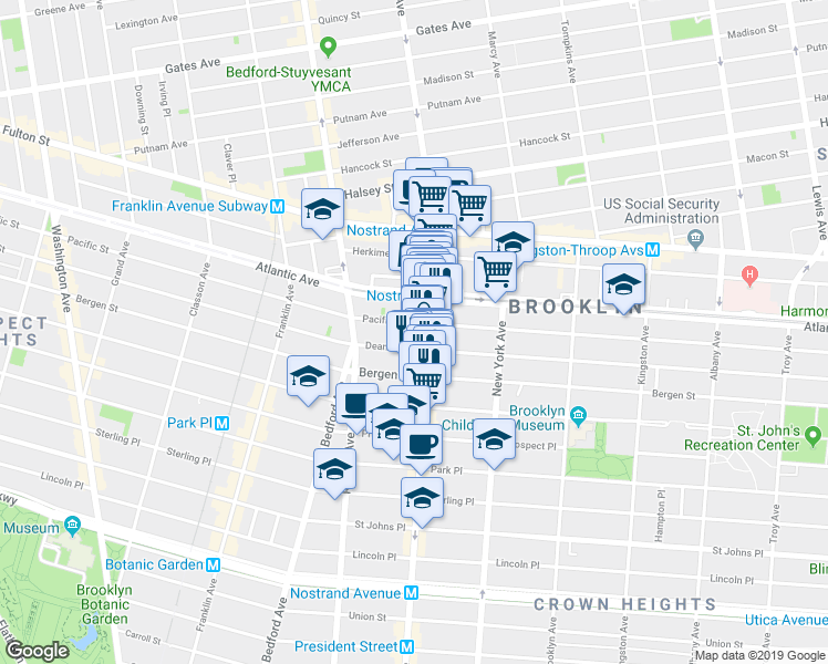 map of restaurants, bars, coffee shops, grocery stores, and more near 628 Nostrand Avenue in Brooklyn