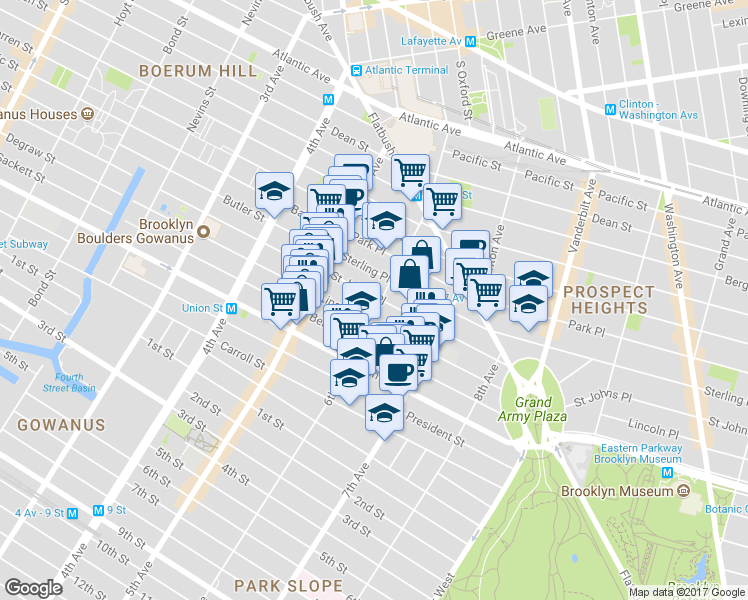 map of restaurants, bars, coffee shops, grocery stores, and more near 162 6th Avenue in Brooklyn