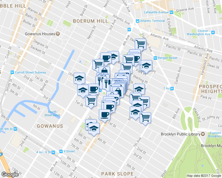 map of restaurants, bars, coffee shops, grocery stores, and more near 208 5th Avenue in Brooklyn