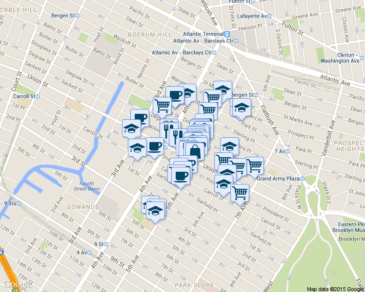 map of restaurants, bars, coffee shops, grocery stores, and more near 208 5th Avenue in Brooklyn