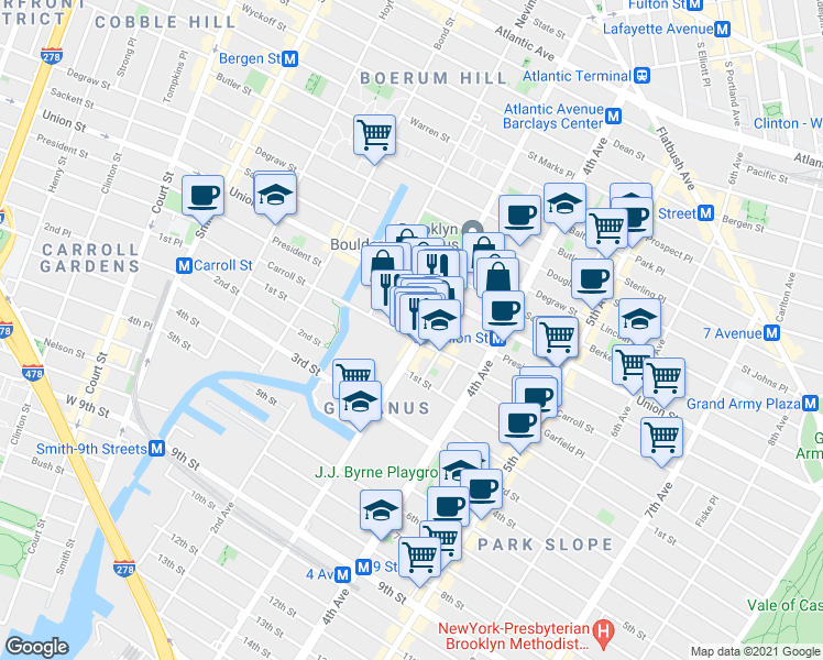 map of restaurants, bars, coffee shops, grocery stores, and more near 276 3rd Avenue in Brooklyn