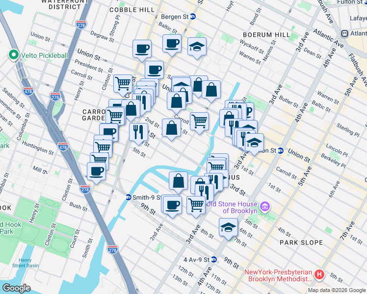 map of restaurants, bars, coffee shops, grocery stores, and more near 110 3rd Street in Brooklyn