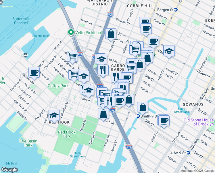 map of restaurants, bars, coffee shops, grocery stores, and more near Hamilton Avenue in Brooklyn