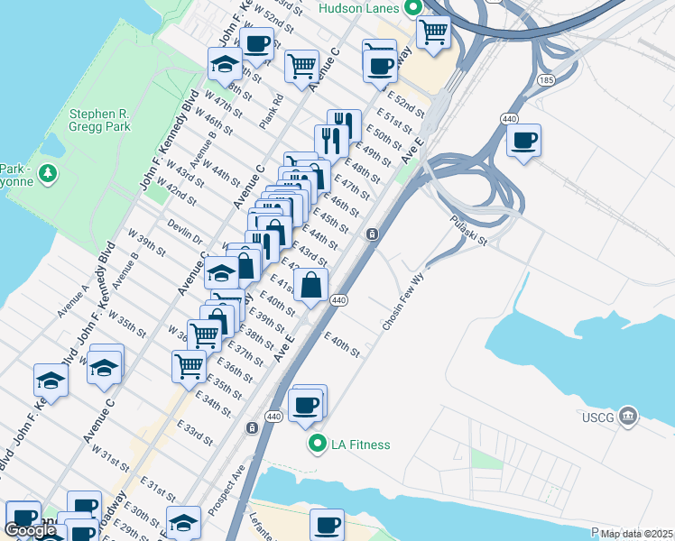 map of restaurants, bars, coffee shops, grocery stores, and more near 676 Avenue E in Bayonne