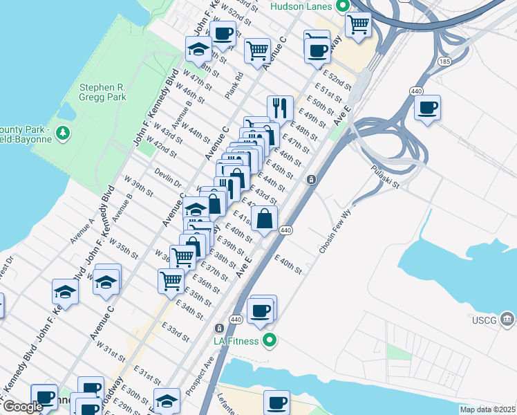map of restaurants, bars, coffee shops, grocery stores, and more near 48 East 42nd Street in Bayonne