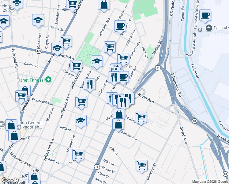 map of restaurants, bars, coffee shops, grocery stores, and more near 721 Jackson Avenue in Elizabeth