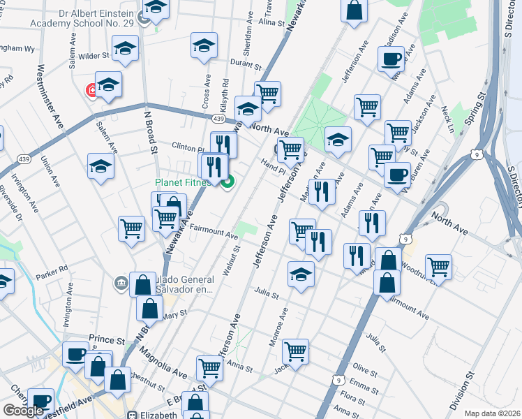 map of restaurants, bars, coffee shops, grocery stores, and more near 641 Jefferson Avenue in Elizabeth