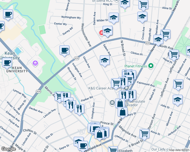 map of restaurants, bars, coffee shops, grocery stores, and more near 625 Union Avenue in Elizabeth