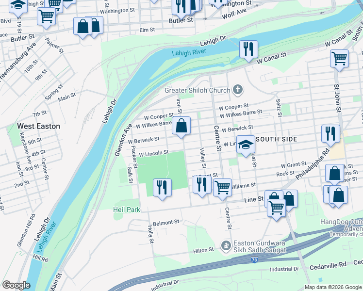 map of restaurants, bars, coffee shops, grocery stores, and more near 600 Iron Street in Easton