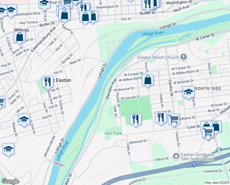 map of restaurants, bars, coffee shops, grocery stores, and more near 518 Glendon Avenue in Easton