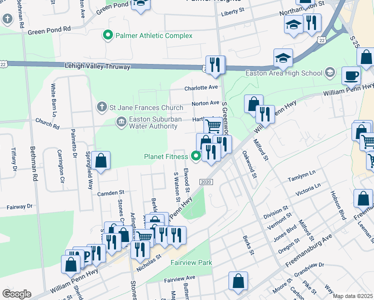 map of restaurants, bars, coffee shops, grocery stores, and more near 299 Elwood Street in Easton