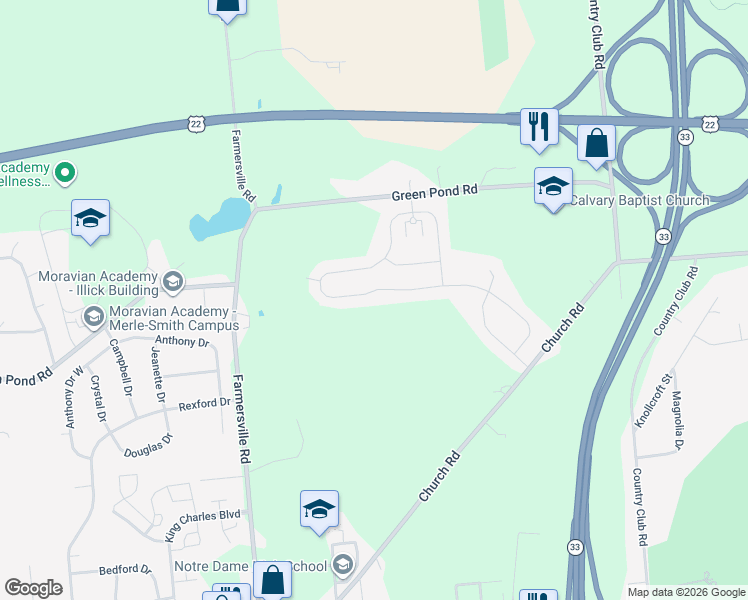 map of restaurants, bars, coffee shops, grocery stores, and more near 3604 Farmersville Road in Easton