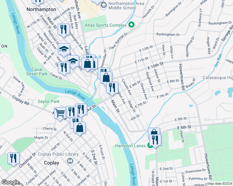 map of restaurants, bars, coffee shops, grocery stores, and more near 830 Washington Avenue in Northampton